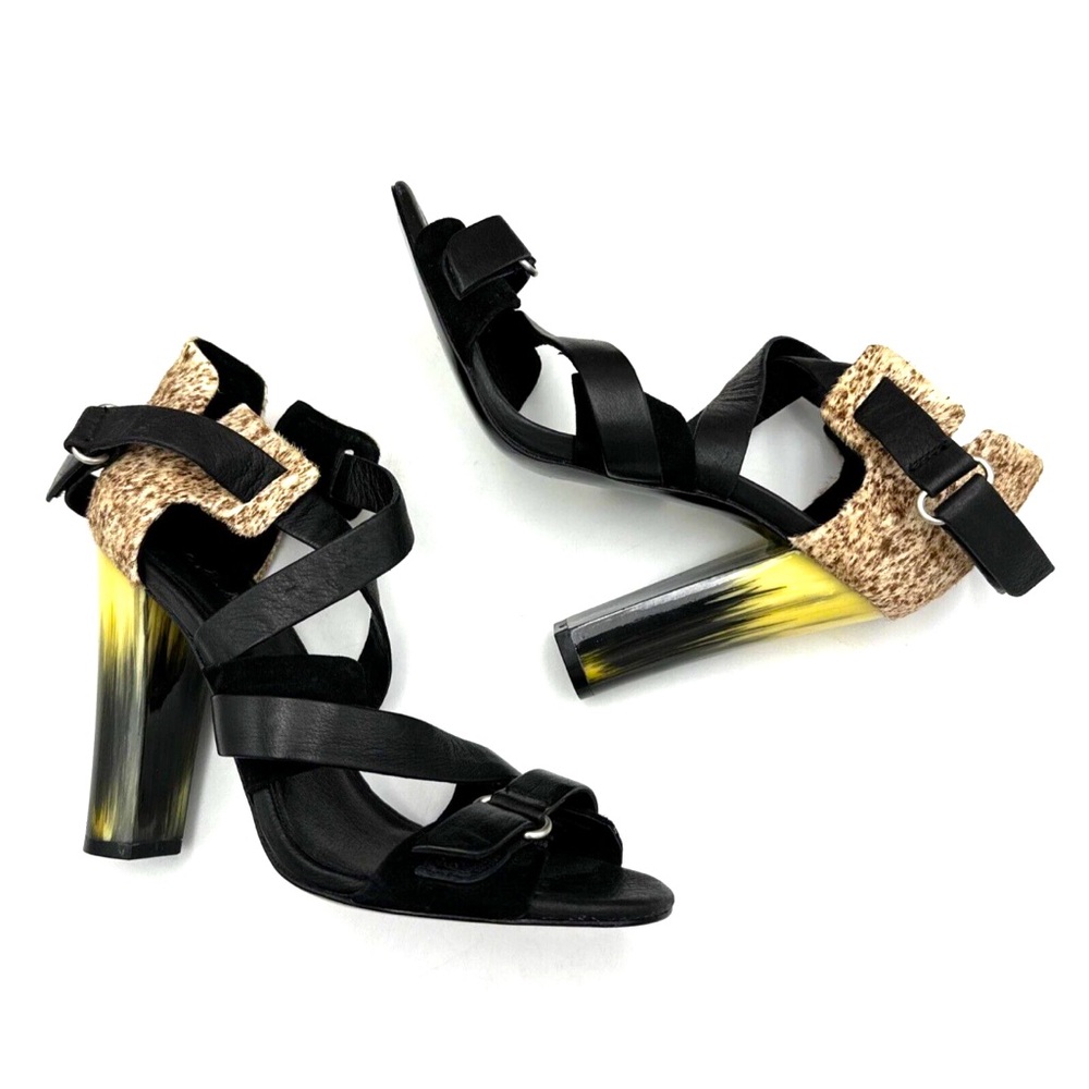 L.A.M.B. Heels Korry Calf Hair Leather Strappy Sandals Black Brown Size 6M y2K